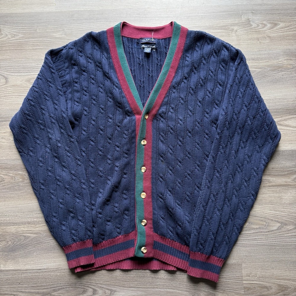 VTG Gant Mens Navy Cotton Hand Framed Sweater Cardigan Academia Prep XLT